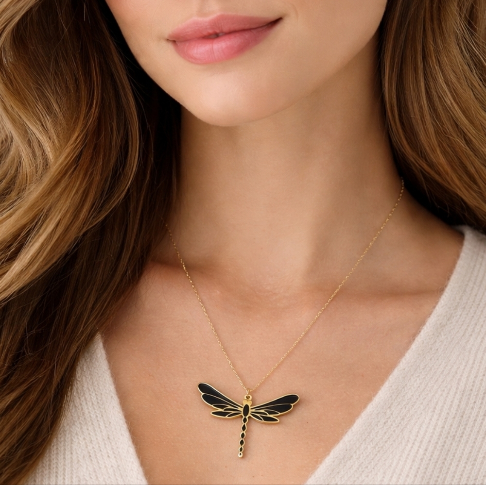 Elegant Gold and Black Dragonfly Pendant Necklace